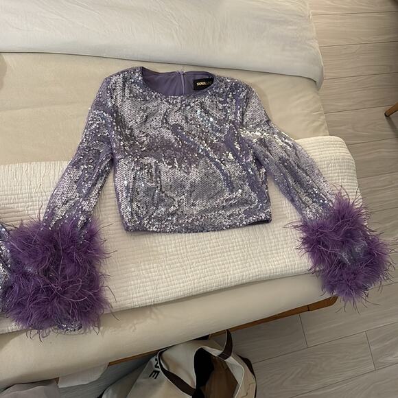 Purple Sequin and Feather Matching Set long sleeve high waist XS/S - Picture 9 of 10
